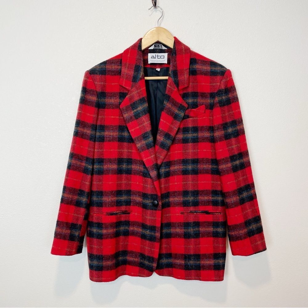Vintage Alto Red Plaid Wool Blend Single Button Closure Blazer Academia Size 6